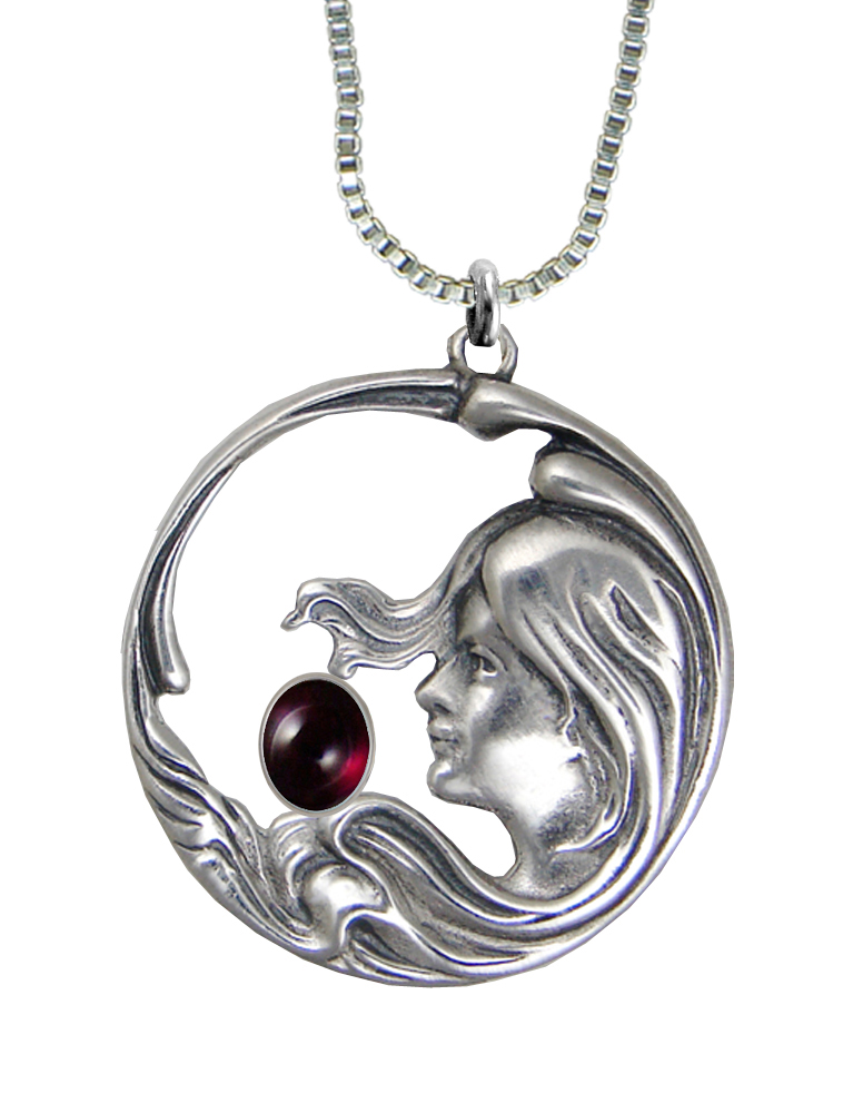 Sterling Silver Woman Maiden of the Wind Pendant With Garnet